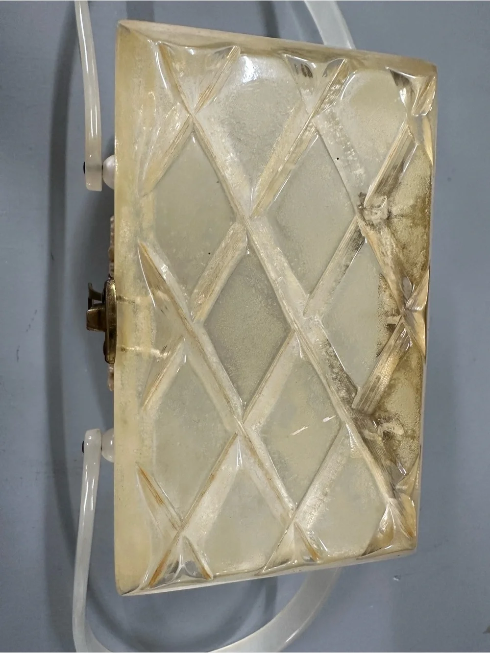 Vintage 40’s Bakelite Ivory Pearlized Box Purse with Gold Accent and Wheat Motif